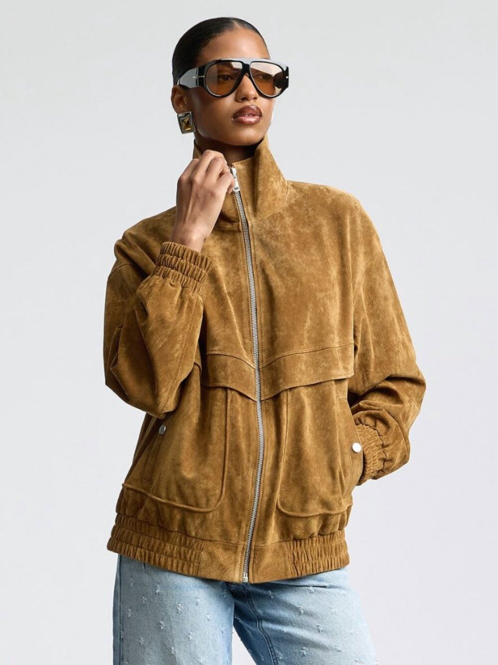 New Avec Les Filles Oversized Genuine Suede Bomber Jacket Whiskey Brown XS $398